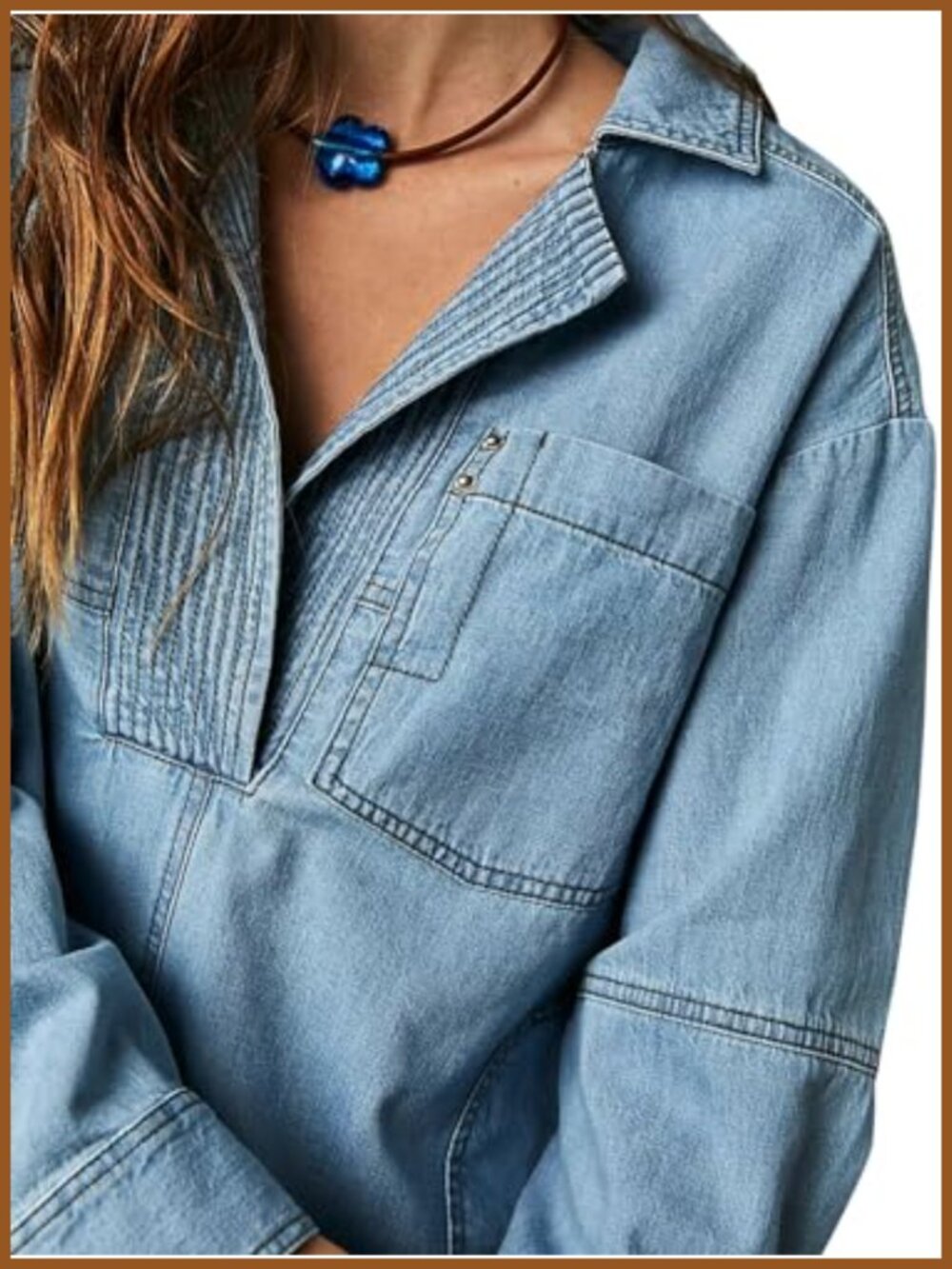 Womens Denim Jacket Loose Fit V Neck Long Sleeve Jean Pullover - Picture 3 of 5